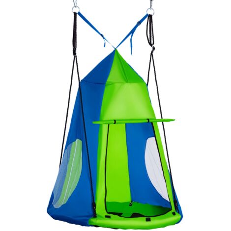 Balançoire nid d'oiseau ronde balançoire panier 1 x 1,8H m - tente amovible, 4 anneaux - métal époxy Oxford haute densité bleu vert - Outsunny