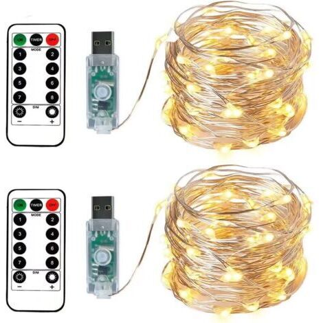 2 Guirlandes Lumineuses 100 LEDs 10 Mètres Fil d'argent Blanc Chaud,Prise USB avec Télécommande Lumière Etoilée pour Décoration Noël Soirée Mariage Fête (1/5)