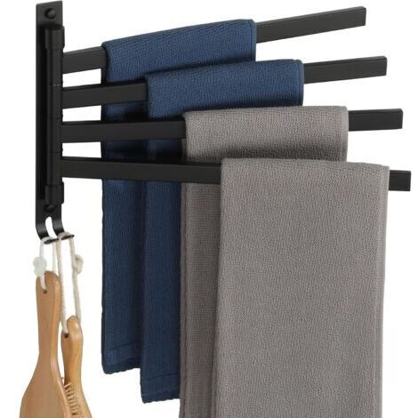 Porte Serviette avec 4 Barres 180° Rotatives, Support Sèche-Serviettes Mural en Acier Inoxydable SUS304, Idéal pour Salle de Bain et Cuisine, Noir Mat Montage par Vis, EGKN2520HD-4-B