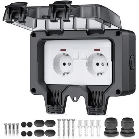 Outdoor Socket IP66 Waterproof Socket, 2 Way Exposed Wall Outlet with Switch & Indicator Light Outdoor Outlet, Lockable Flip Cover Plug for Garden Garage Outdoor (1/5)