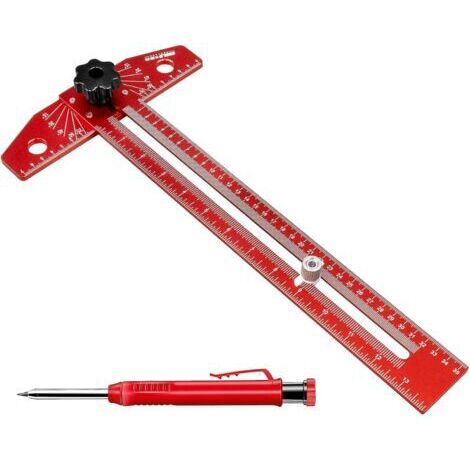 Équerre de Menuisier en T avec Règle Traceur, 40 cm Règle d’Angle en Alliage d'Aluminium, Rapporteur de Menuiserie Ajustable avec Gravée pour Bricolage Charpentier Architecte (Rouge)