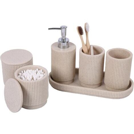 6 Piece Bathroom Set - Soap Dispenser+Toothbrush Tumbler with Tray & Cotton Box - Striped Design (Beige), Premium Resin - Includes Toothbrush Holder & Organizer