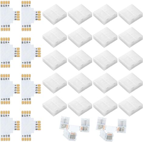 28 Packs Connecteurs Ruban LED RGB 4 Broches 10mm pour Bandes RGB SMD 5050, Connecteur LED 4 Pin 10mm avec 20 Clips Ruban Lumineux et 8 Raccords en T, Pour Connexion L de Bande, Sans Soudure (1/5)