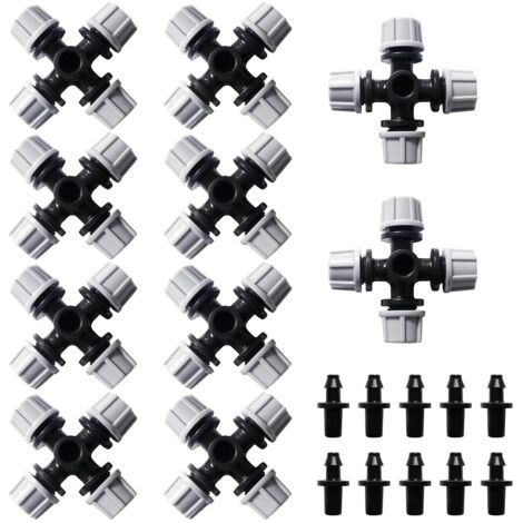 10 Pieces Atomise 4 Way Nozzle, Plastic Cross Atomization Nozzle, Gardening Greenhouse Atomization Micro Nozzle with Barbed Connector, for Garden, Lawn, Grey (1/5)