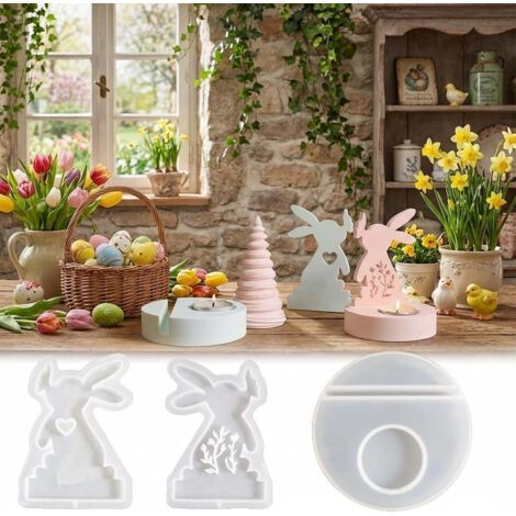 Lot de 3 moules en silicone pour Pâques - Œuf de Pâques - Lapin - Bougeoir en plâtre - Moules en silicone pour le printemps - Lapin de Pâques - Œufs pour bricolage, bougies, savon, plâtre (1/5)