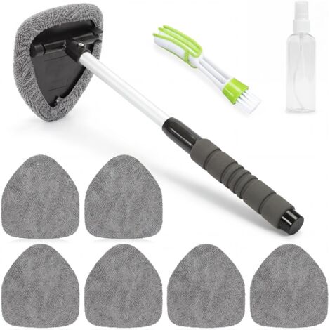 Nettoyeur de vitres de voiture avec 6 tampons en microfibre et vaporisateurs, nettoyant pour pare-brise avec poignée extensible, kit de nettoyage pour vitres de voiture (triangulaire, gris) (1/5)