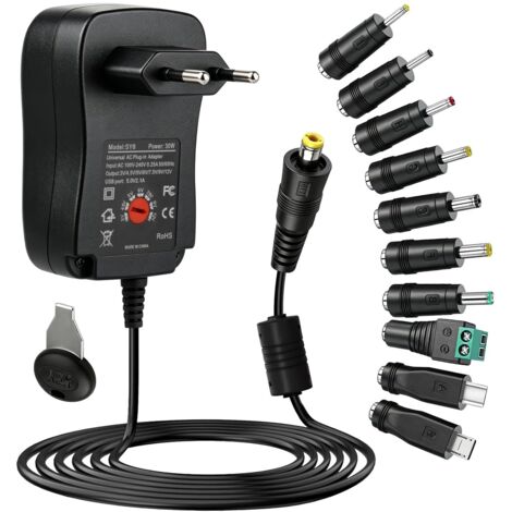 30W Chargeur Universel AC/DC 220-230V Adaptateur Secteur USB 3V-12V, Alimentation Multi-Tension avec 10 Embouts pour PC Portable, Routeur, Bande LED et Electronique Domestique