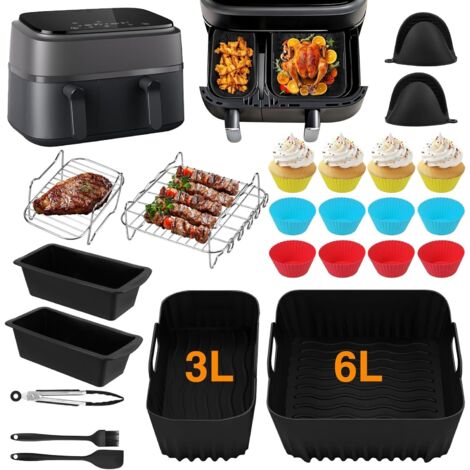 Silicone Moule Air Fryer, 28 Pièces Accessoires Air Fryer pour Philips Air Fryer Dual Basket 3000 Séries 9 Litres(6L/3L),Moule Air Fryer, Moule Pain, Grille Racks etc