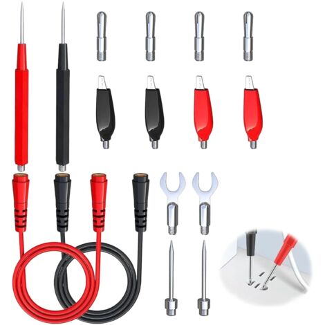 Kit de Fils de Test Multimètre 16 Pièces avec Pince Crocodile et Fiches Banane 4mm Sondes de Test Isolées Pointe de Touche Multimètre Remplaçable pour Diagnostic Automobile et Test Électrique Pro