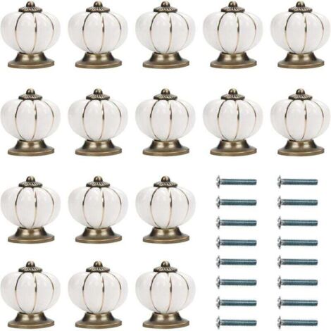 Bouton Ceramique Meuble Blanc et Or avec Vis en Forme de Citrouille (Lot de 16) - 3,6 x 3,9 cm - Bouton de Meuble Rond Vintage - Pour Maison, Bureau, Armoire de Cuisine, Tiroirs et Placard