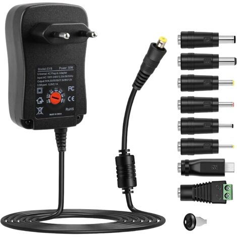 Chargeur Universel 30W Secteur 3V-12V, AC à DC 3V 4.5v 5V 6V 7.5v 9V 12V 2A Power Supply, Adaptateur Universel de Transformateur d'alimentation Découpage, avec 8 DC Connecteurs pour Router CCTV Cam
