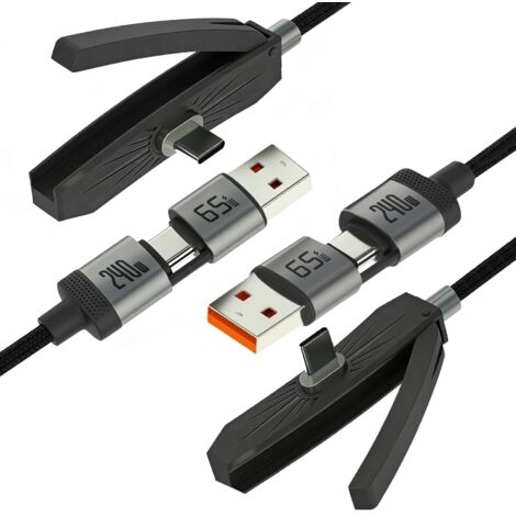 Lot de 2 Câbles charge rapide 3 en 1 avec support invisible, câble 2 m 240W/60W avec connecteur latéral 90°, support smartphone pour téléphone, tablette et ordinateur (B-C+C-C) (1/5)