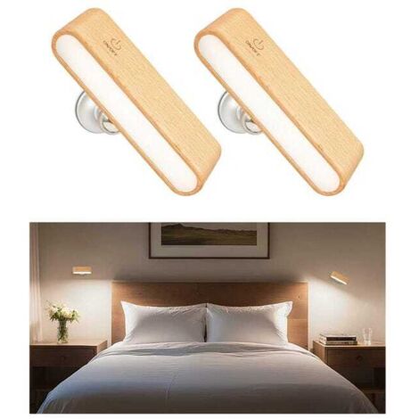 (Lot de 2, couleur hêtre) Applique murale LED avec finition effet bois, support magnétique pivotant à 360°, lampe de chevet, idéale pour la chambre (1/5)