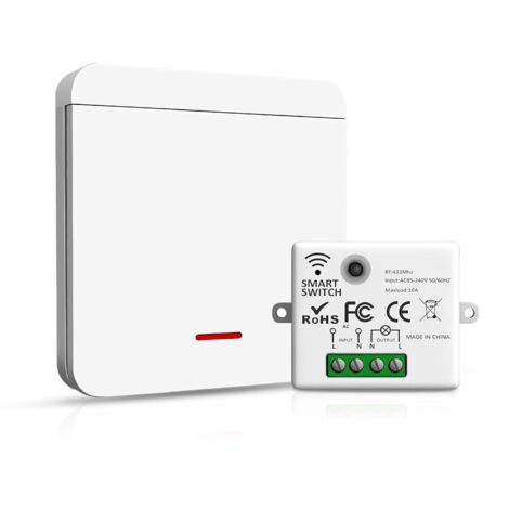 Interrupteur sans fil 433MHz – 1 interrupteur et 1 récepteur 10A, installation facile, interrupteur radio sans fil et sans pile, télécommande d’éclairage à distance pour usage domestique (1/5)