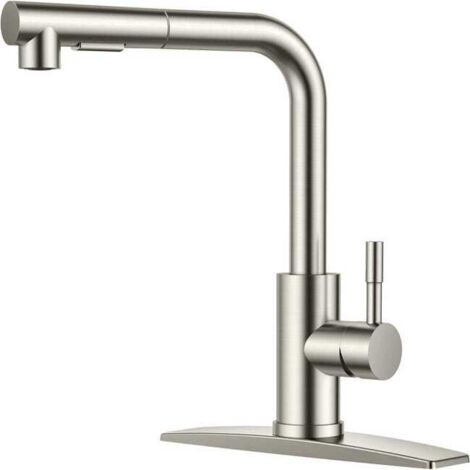 Robinet de cuisine en acier inoxydable nickelé brossé, modèle classique à douchette extractible et mitigeur monocommande avec cache, compatible avec une ou trois installations. (1/5)