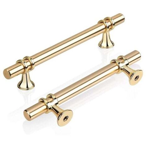 Lot de 2 poignées d'armoire de cuisine en T dorées, 96 mm, poignées de traction modernes et élégantes en alliage de zinc doré pour porte, tiroir, cuisine, salle de bain, chambre, bureau, vis incluses. (1/4)