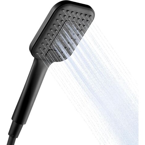 Pommeau de Douche avec Tuyau de 1,6 m, Pomme de Douche à Main à 3 Modes, Grande Pommeau de Douche Carré, Pomme Douche Économie d'Eau, Douchette avec Flexible pour Salle de Bain, Noir (1/5)