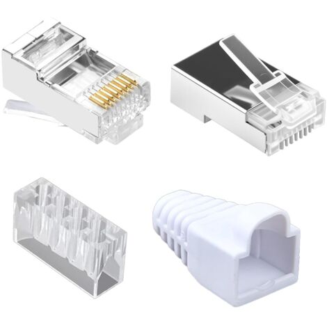 Lot de 20 Connecteurs Réseau RJ45 CAT6 Blindés à Sertir, RJ45 Connector Ethernet LAN, Compatible con Câbles CAT5e 6 6A, Fiches Réseau Standard avec Protection Anti-Torsion