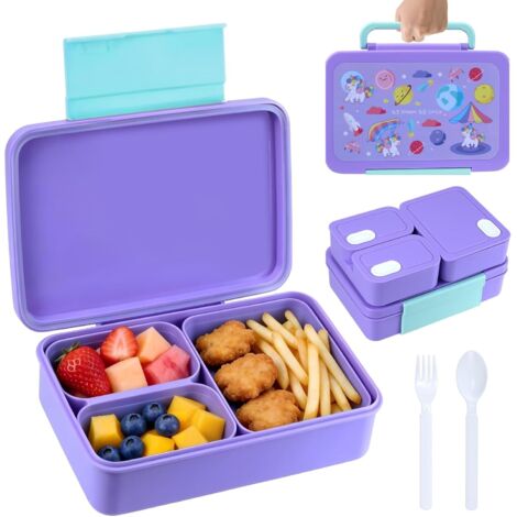 Lunch Box,Boîte à Déjeuner Campus,Bento Lunch Box Enfant Boîte 1200ml,Boîte à Repas avec Trois Compartiments et des Couverts,sans BPA, pour Micro-Ondes et Lave-Vaisselle (Violet) (1/5)