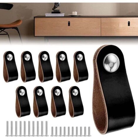 Lot de 10 poignées de meubles en cuir, poignées de rechange pour bagages avec vis, adaptées à la cuisine, à la chambre, au placard, au salon (1/4)