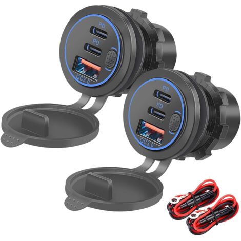 Prise USB 12 V, 75 W, PD et QC3.0 pour Moto, 12-24 V Prise USB étanche Encastrable avec Interrupteur et lumière LED Bleue, pour Voitures, Bateaux, Camions, Caravanes, Motos(2 Pièces)