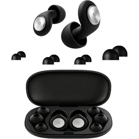 Bouchons d'oreille en silicone noirs anti-bruit 45 dB, tailles S/M/L ultra confortables et réutilisables, annulation du bruit efficace, isolation acoustique, idéal pour dormir, voyager, se concentrer (1/5)