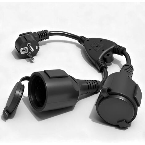 Fiche Double pour Prise, Rallonge avec 2 Prises, 2 en 1 Adaptateur Prise Distribution 2 Voies Schuko, Étanchéité IP44 Double de Protection pour Maison, Bureau, Voyages, 16A/250V/4000W, Noir (1/5)