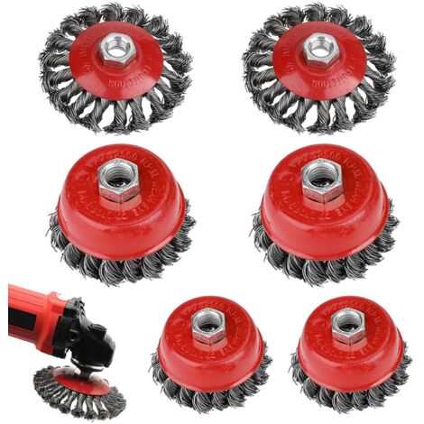 6 Pièces Brosse Métallique pour Perceuse Meuleuse D'angle, Brosse Conique pour Meuleuse D'angle avec Filetage M14, Brosse de Ponçage Roue en fil D'acier à Nœud Torsadé pour Dérouillage Polissage (6) (1/5)