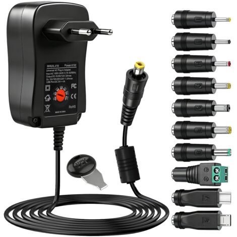 41W Chargeur Universel AC/DC 220-230v Transformateur d'Alimentation Adaptateur Réglable 6V, 9V, 12V, 15V, 18V, 20V, 24V Adaptateur Secteur avec 10 Embout pour PC Ordinateur, Routeur, Imprimante