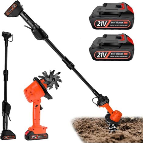 Motobineuse Electrique, 21V Motoculteur sans Fil avec 2 Batteries 3000mAh et 1,3m Manche 4 Lames Métalliques 10cm Largeur de Travail 10cm Profondeur de Travail 235 TR/Min Vitesse