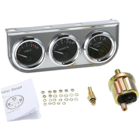 52Mm Pression D'Huile Celsius Jauge De Temperature De L'Eau Voltmetre Chrome 3 En 1 Jauge Kit Voiture Moto Compteur, Cadran Noir (1/5)