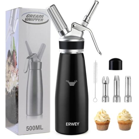 Siphon Chantilly 500ml, Siphon à Chantilly en Aluminium, Siphons de Cuisine avec 3 Douilles et 1 Brosse de Nettoyage, Siphon de Chantilly pour Décoration Patisserie et Desserts (Noir) (1/5)