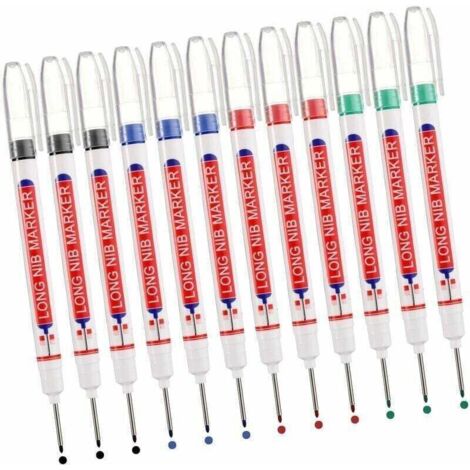 Marqueurs Trou Profond, 12pcs Marqueur Charpentier, Stylo Marqueur Indélébile à Pointe Longue de 20 mm, Marqueur de Precision Chantier (Noir Bleu Rouge Vert) (1/4)