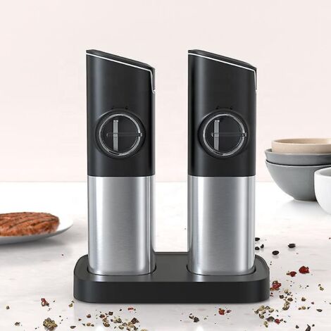 Electric salt and pepper mill, rechargeable automatic salt and pepper grinder with LED light, stainless steel electronic grinder with adjustable (1/5)