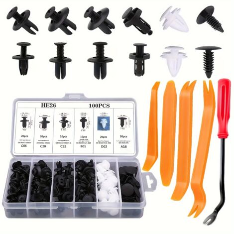 Ensemble de 105 fixations automobiles comprenant des outils de démontage, avec rivets et clips universels en nylon pour la réparation des panneaux de porte et des garnitures de véhicule.