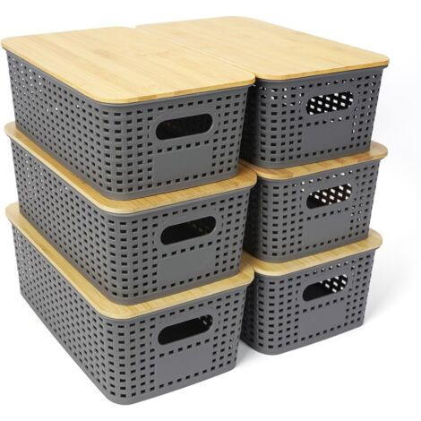 Lot de 6 boîtes de rangement empilables avec couvercle en bambou - En plastique - Grey - 25,6 x 18 x 10,7 cm (1/5)