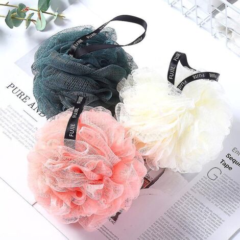 Lot de 3 éponges de bain pour la douche, brosse nettoyante moussante pour le bain pour femmes et hommes, exfoliante, nettoyante pour la peau, apaisante (rose, bleu, blanc) (1/4)