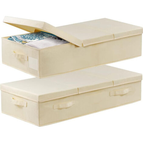 Lot de 2 boîtes de rangement à glisser sous le lit - Beige 81 x 41 x 15 cm. Boîte de rangement plate avec couvercle et poignée, pliable en tissu, idéale pour ranger vêtements, couvertures, couettes (1/5)