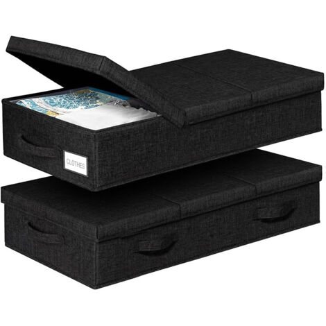 Lot de 2 boîtes de rangement à glisser sous le lit - Noir 81 x 41 x 15 cm. Boîte de rangement plate avec couvercle et poignée, pliable en tissu, idéale pour ranger vêtements, couvertures, couettes (1/5)