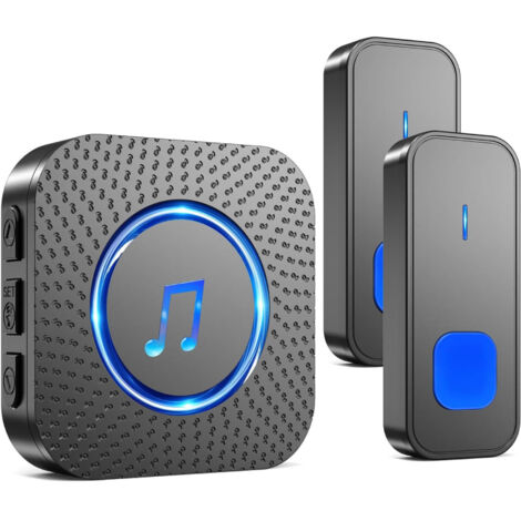 Sonnette sans Fil, 300M Longue Portée Exterieur Étanche Electronique, Kit de Carillon Deux Bouton Emetteurs avec Récepteurs Enfichables pour la Maison, LED Bleu, 55 Mélodies, 5 Volumes, Noir (1/5)
