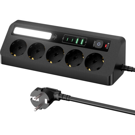 Multiprise de bureau à 5 prises avec 4 ports USB 2 ports USB-A + 2 ports USB-C, avec témoin lumineux LED, prise coudée avec interrupteur et câble de 2 m, idéale pour le bureau et la maison - Noir (1/5)