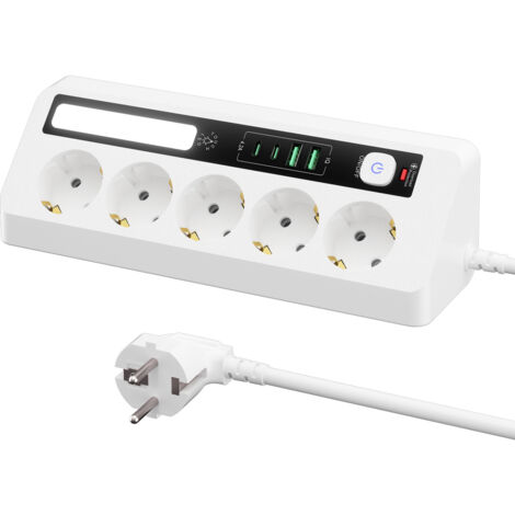 Multiprise de bureau à 5 prises avec 4 ports USB 2 ports USB-A + 2 ports USB-C, avec témoin lumineux LED, prise coudée avec interrupteur et câble de 2 m, idéale pour le bureau et la maison - Blanc (1/5)
