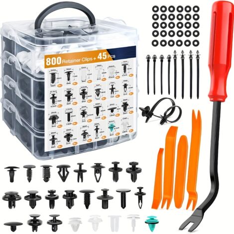 Kit de fixation automobile de 845 pièces comprenant des clips, des boulons et des rivets pour carrosserie, pare-chocs, portes et panneaux décoratifs, ainsi qu'une boîte à outils avec boucle.