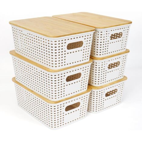 Lot de 6 boîtes de rangement empilables avec couvercle en bambou - En plastique - Blanc - 25,6 x 18 x 10,7 cm (1/5)