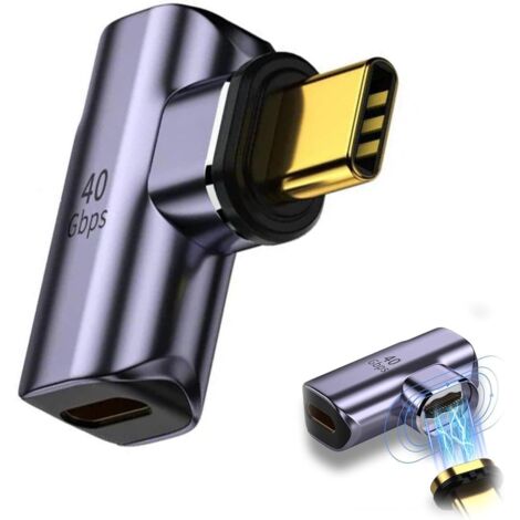 Adaptateur USB C Magnétique PD 100W Charge Rapide, Connecteur USB Type-C Femelle vers Type C Mâle 24 Broches 40Gbps, Vidéo 8K à 60Hz, Adapter Angle Droit 90° pour MacBook Pro/Air Thunderbolt 3/4 (1/4)