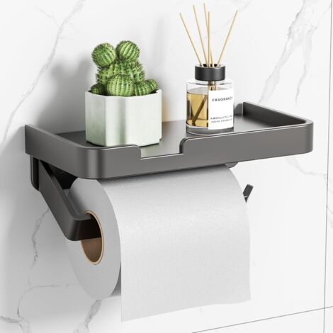 Porte Papier Toilette Mural avec Tablette, Support Papier Toilette à Fixation Adhésive Ou à Visser - Gris Mat (1/5)