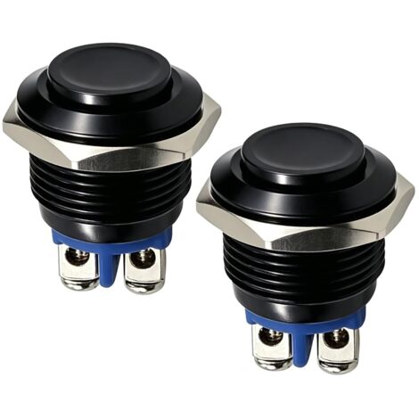 Lot de 2 Boutons Poussoirs 12V Momentané 16mm, Interrupteur Poussoir Étanche Métal Noir IP20, 220V Bouton de Démarrage Rond pour Voiture Moto Sonnette Bateau Bricolage Électronique
