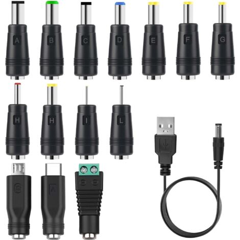14 en 1 Chargeur Câble USB A vers DC 5.5x2.1 mm Câble Adaptateur DC Rond avec Embout Micro/Type-C Connecteurs pour Ventilateurs Routeurs Lampes Ruban LED Rasoir Box TV PC Diffuseur Universel 1M (1/5)