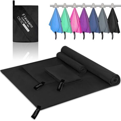 Lot de 3 serviettes en microfibre à séchage rapide pour camping, natation, plage, salle de sport et sport (180 x 90 cm, 80 x 40 cm, 50 x 30 cm), noir pur (1/5)