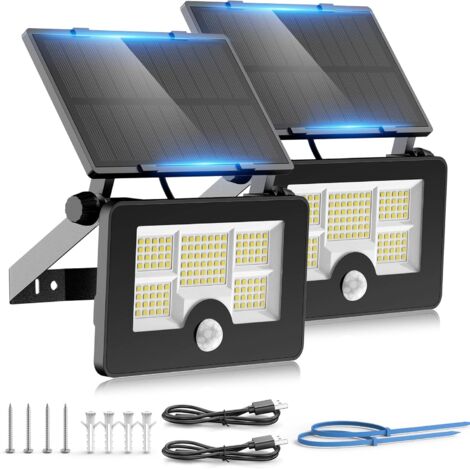 Lot de 2 Lampes Solaires d'Extérieur à 122 LED avec Détecteur de Mouvement, Étanchéité IP65, Angle d'Éclairage 120°, Applique Murale Solaire pour Jardin avec Câble USB (1/5)